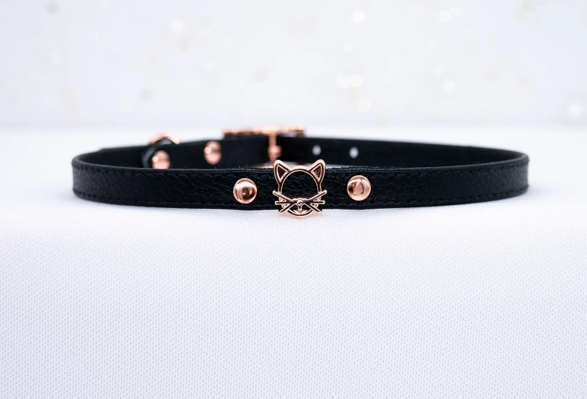 3/8" Kitten - Black Leather Collar in Rose Gold