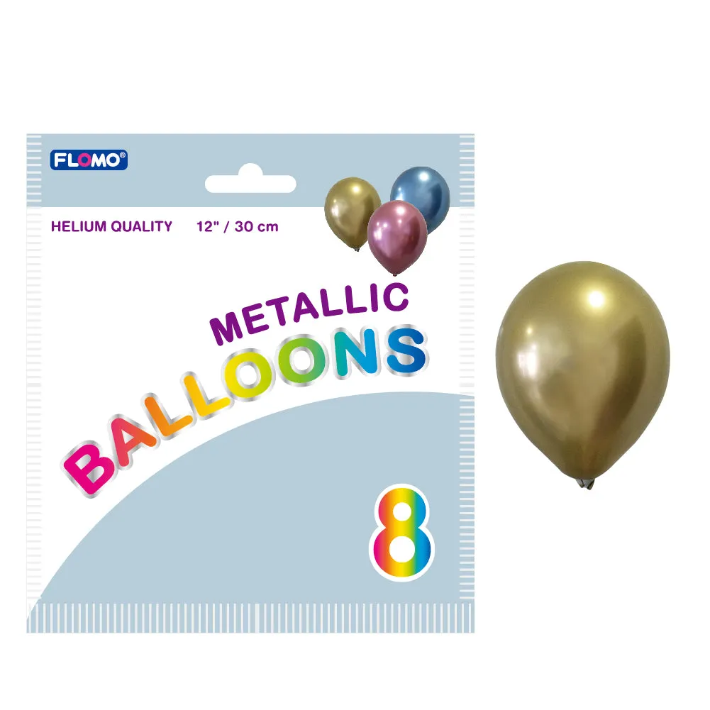 8Pk 12" Birthday Metallic Shine Balloons, Gold