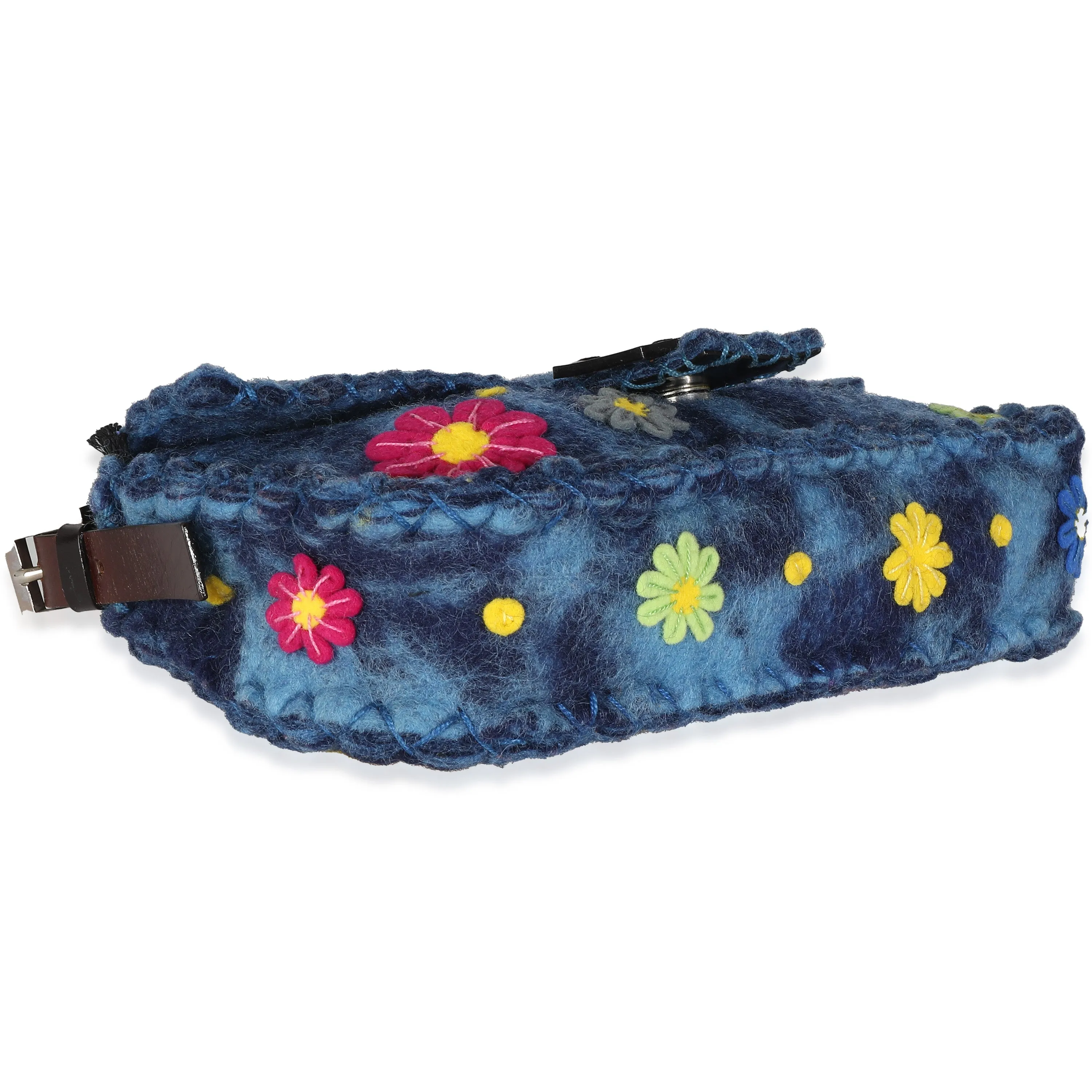 Blue Multicolor Wool Flower Baguette Bag