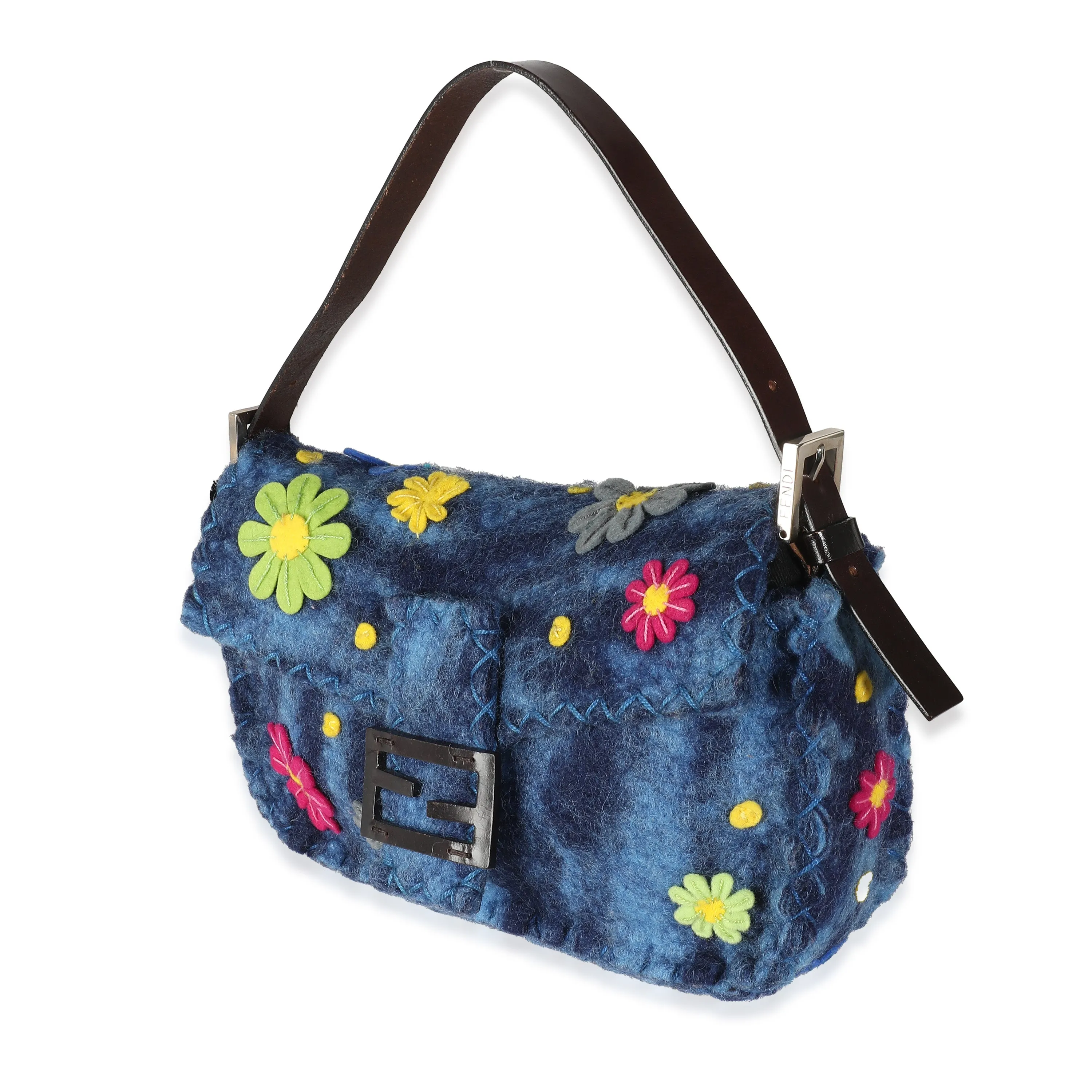 Blue Multicolor Wool Flower Baguette Bag