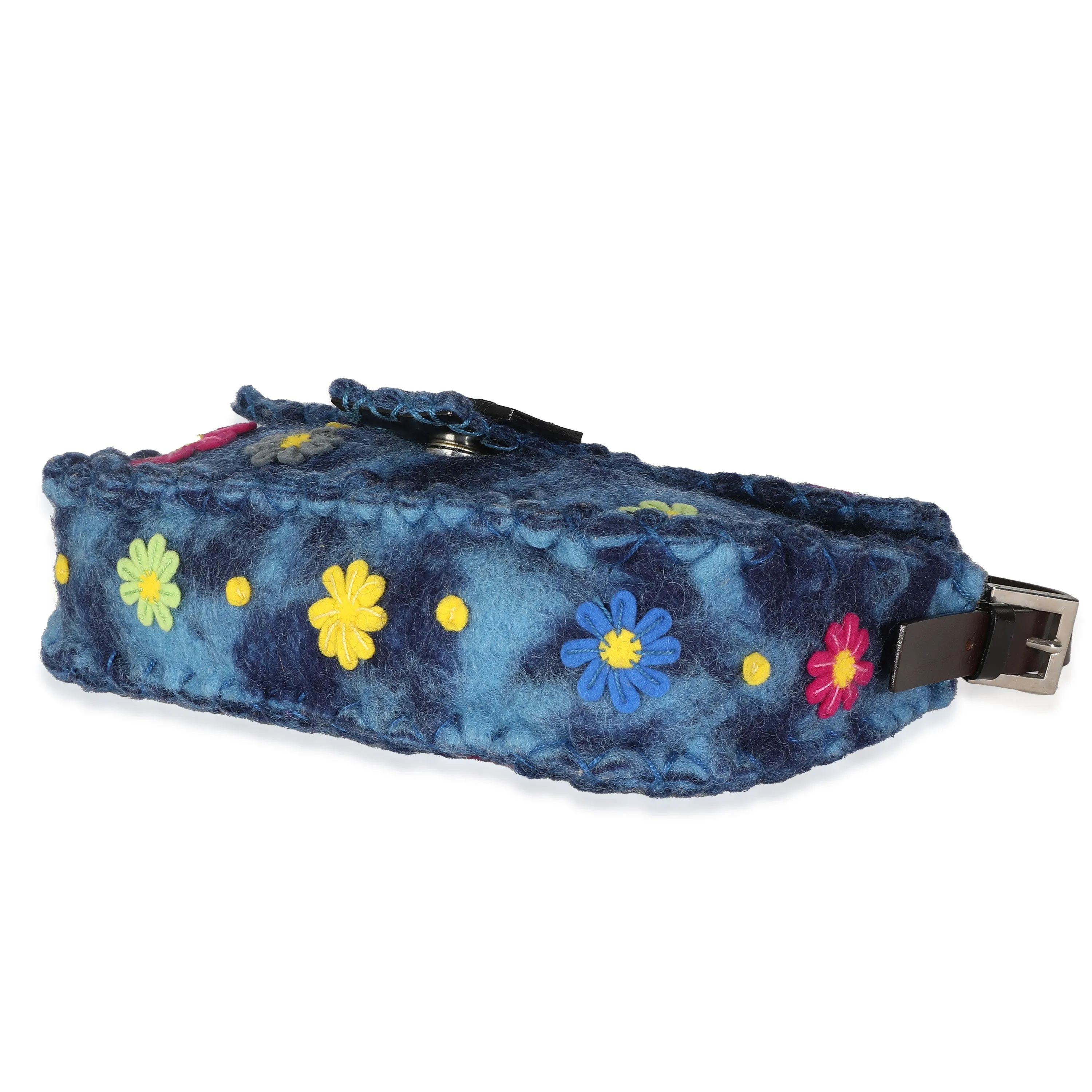 Blue Multicolor Wool Flower Baguette Bag