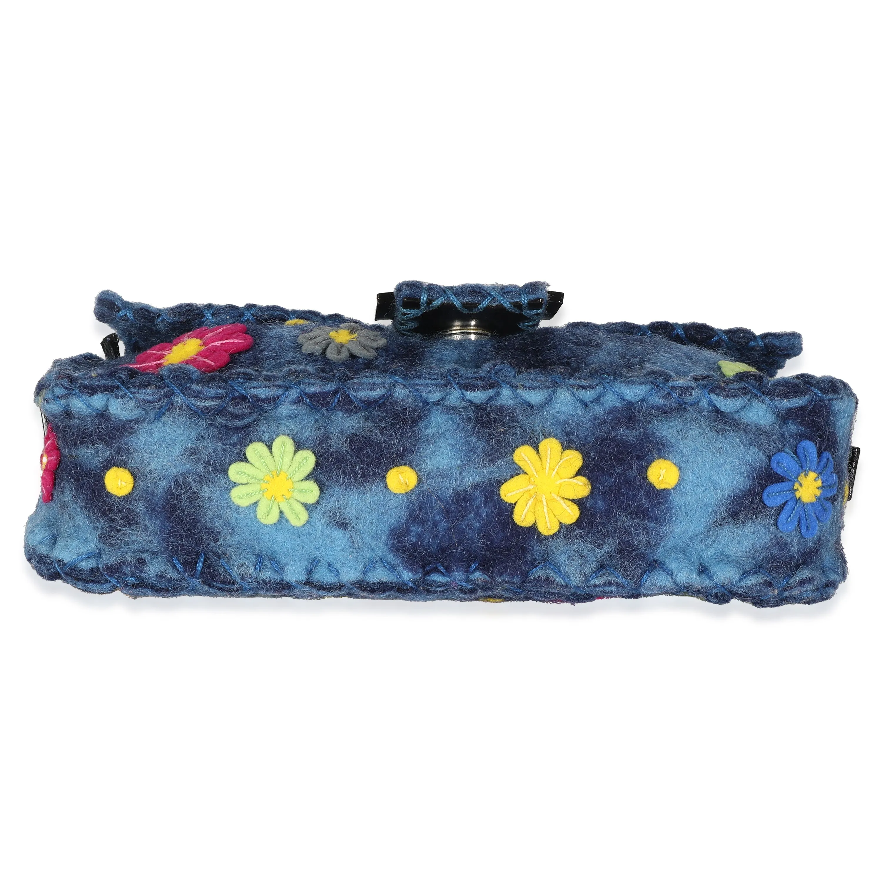 Blue Multicolor Wool Flower Baguette Bag