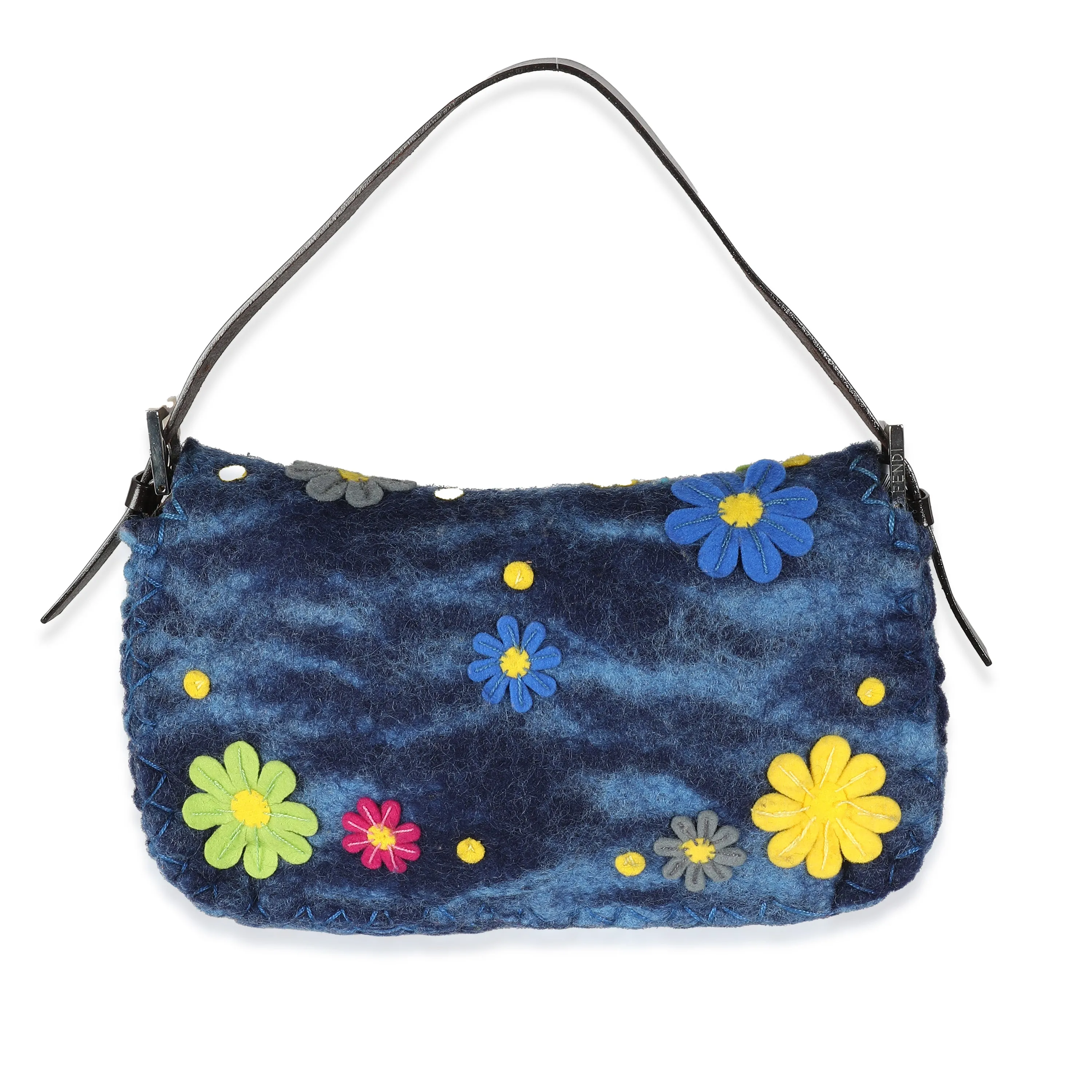 Blue Multicolor Wool Flower Baguette Bag