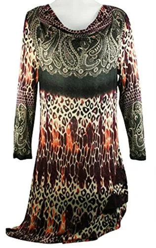 Boho Chic - Leopard Paisley, Drape Neck, Asymmetric Side Seam Tunic Top