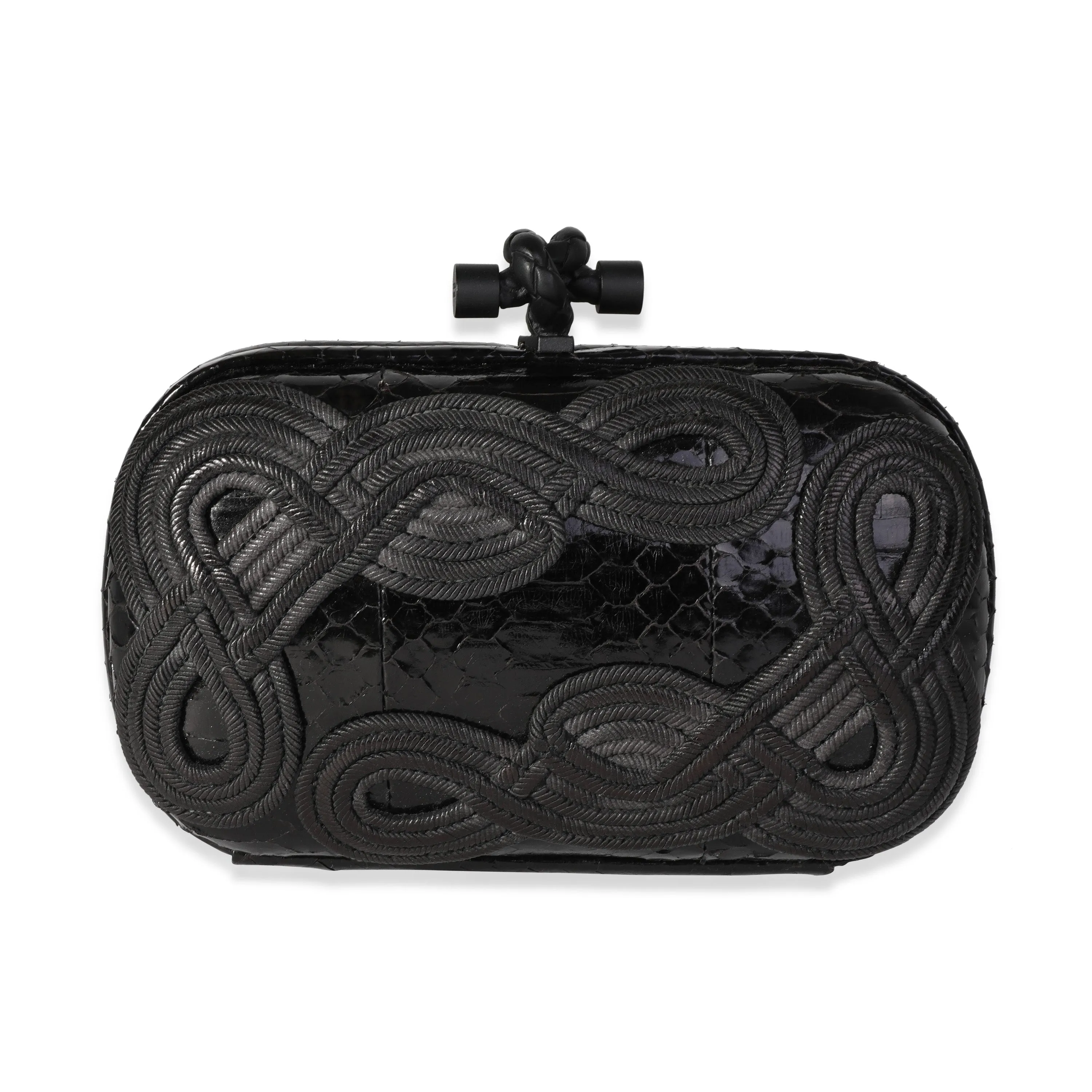 Bottega Veneta Black Passameria Snakeskin Knot Clutch