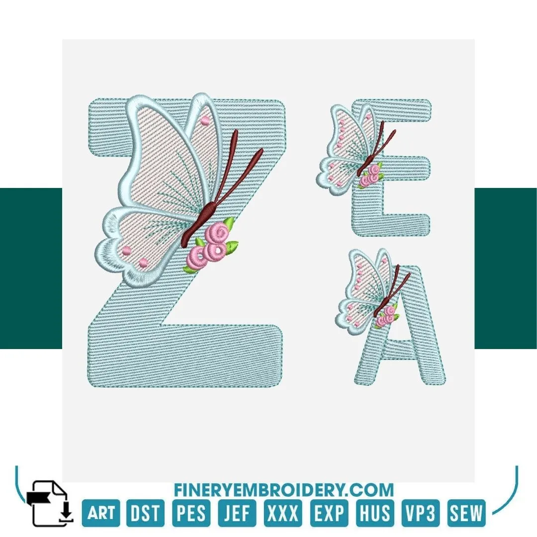 Butterfly Alphabet Embroidery Designs Pack – 26 Letters in 4 Sizes