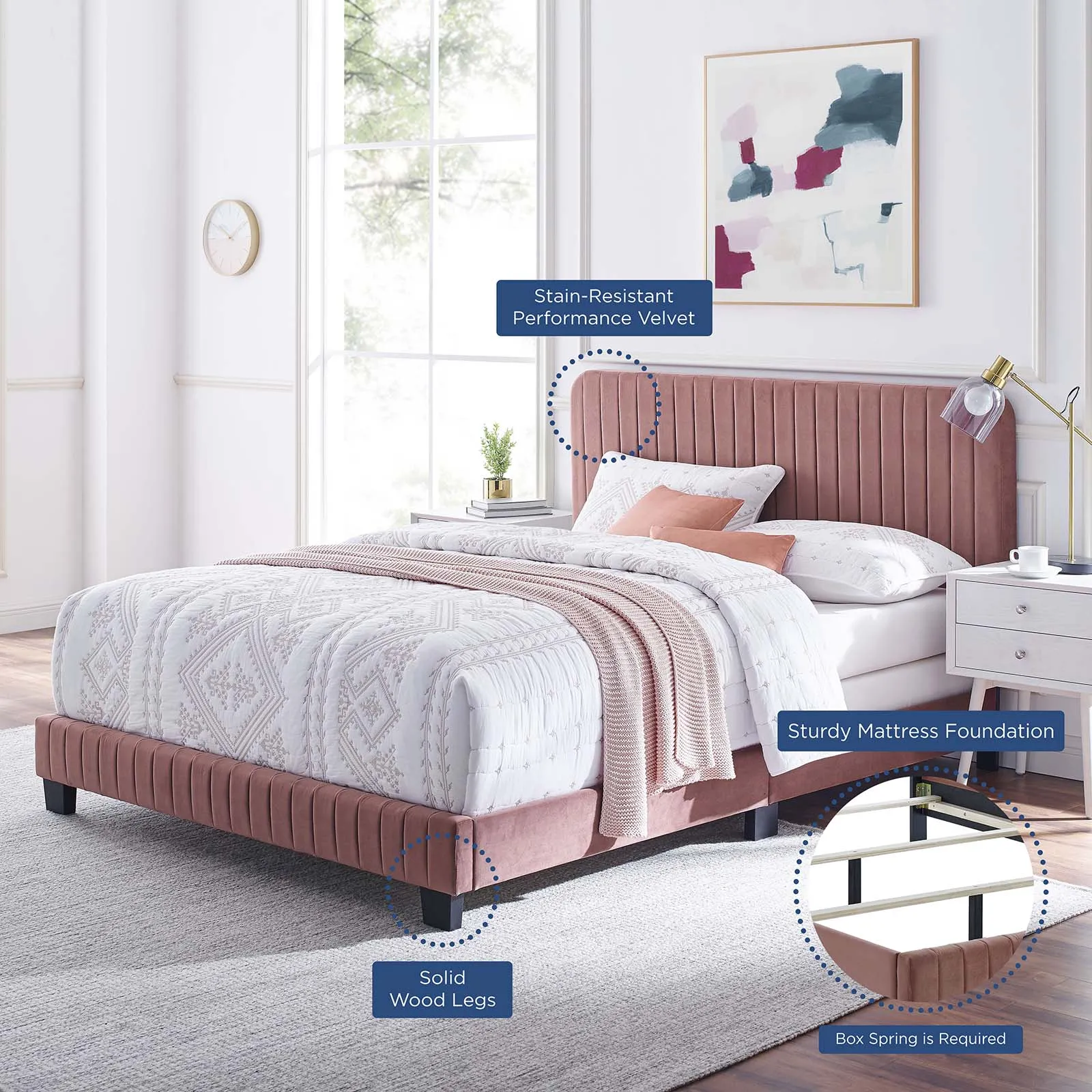 Celine Channel Tufted Performance Velvet Queen Bed Dusty Rose MOD-6330-DUS