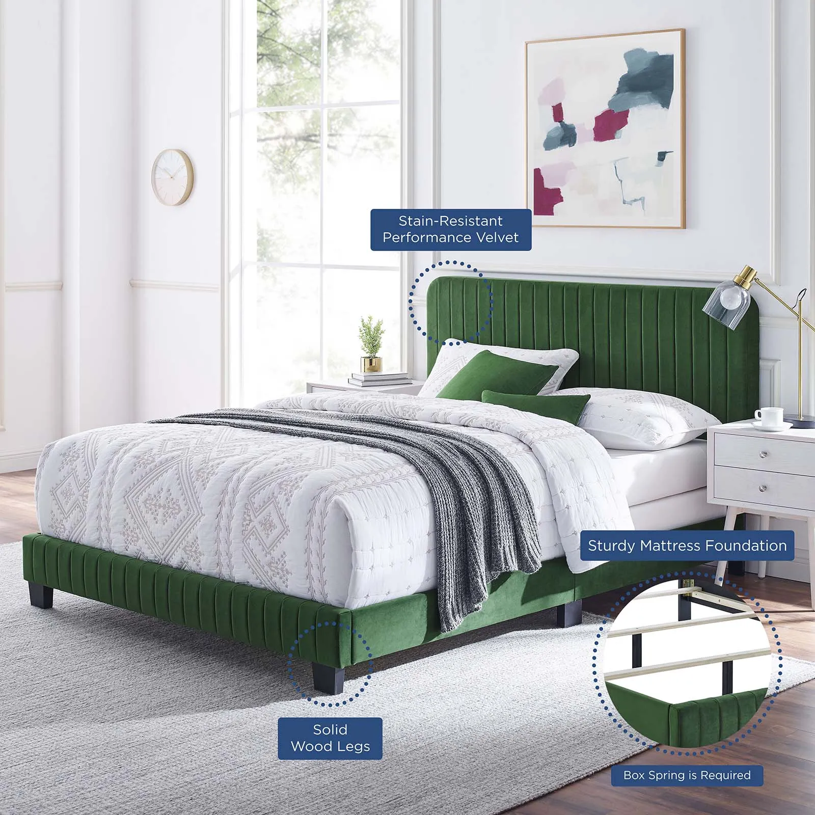 Celine Channel Tufted Performance Velvet Queen Bed Emerald MOD-6330-EME