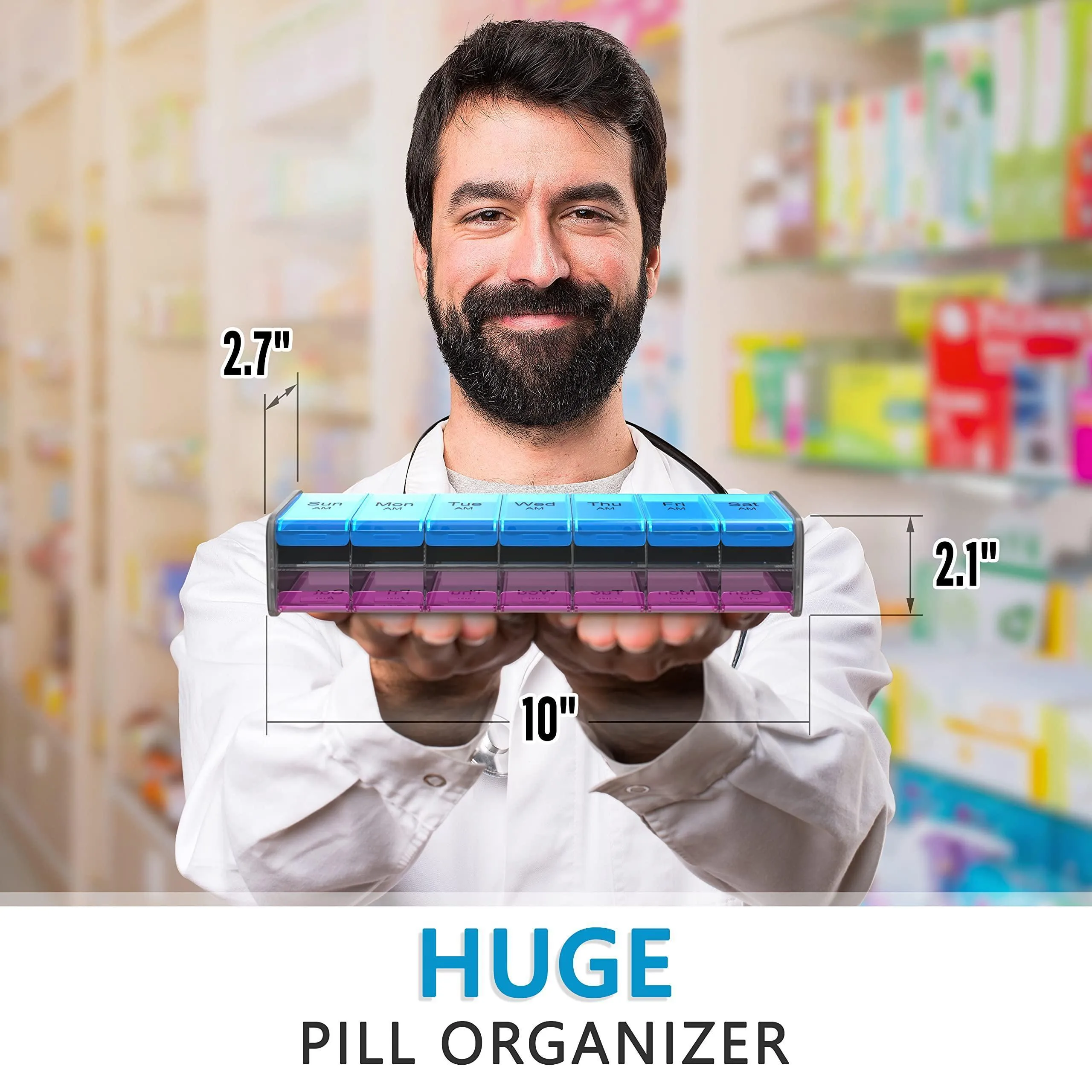 Extra Large Pill Organizer Black XXL Pill Box 7 Day Weekly Pill Box with AM PM