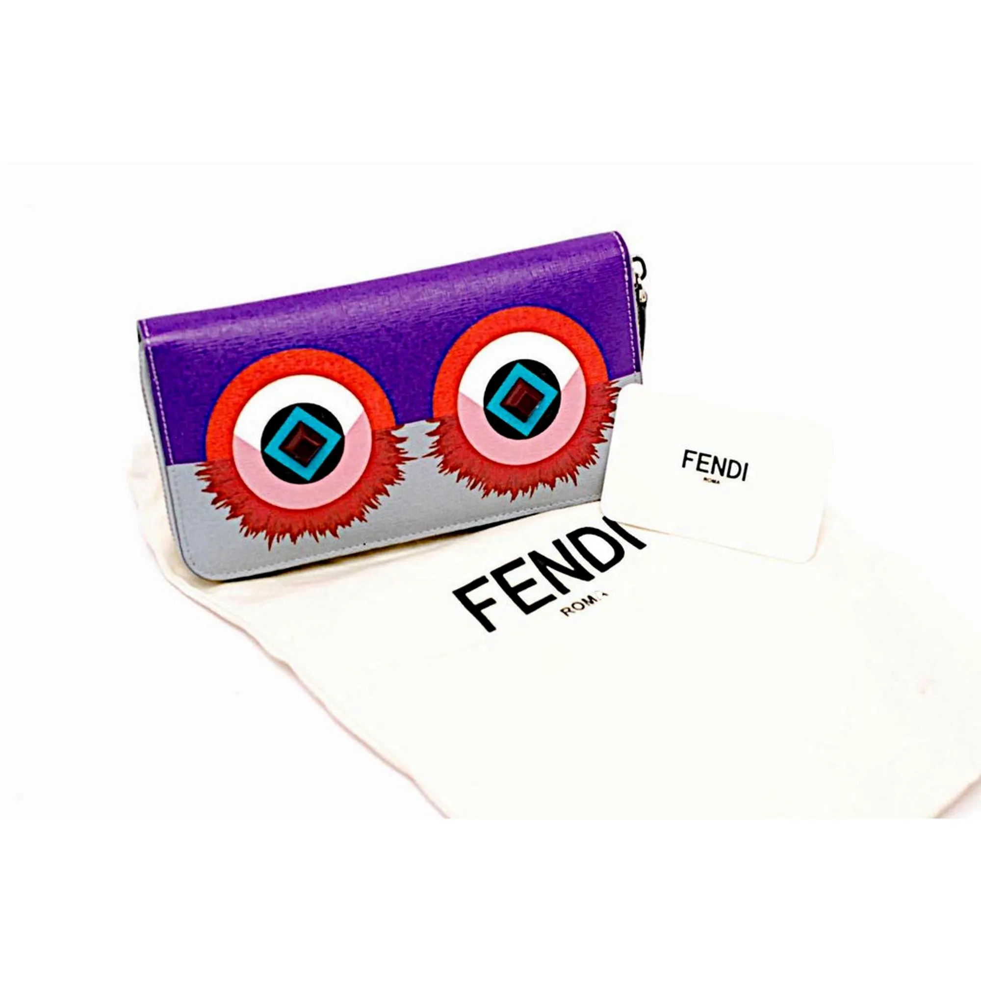 Fendi Monster Zip Pouch Clutch Cosmetic Bag Travel Purple Blue Leather