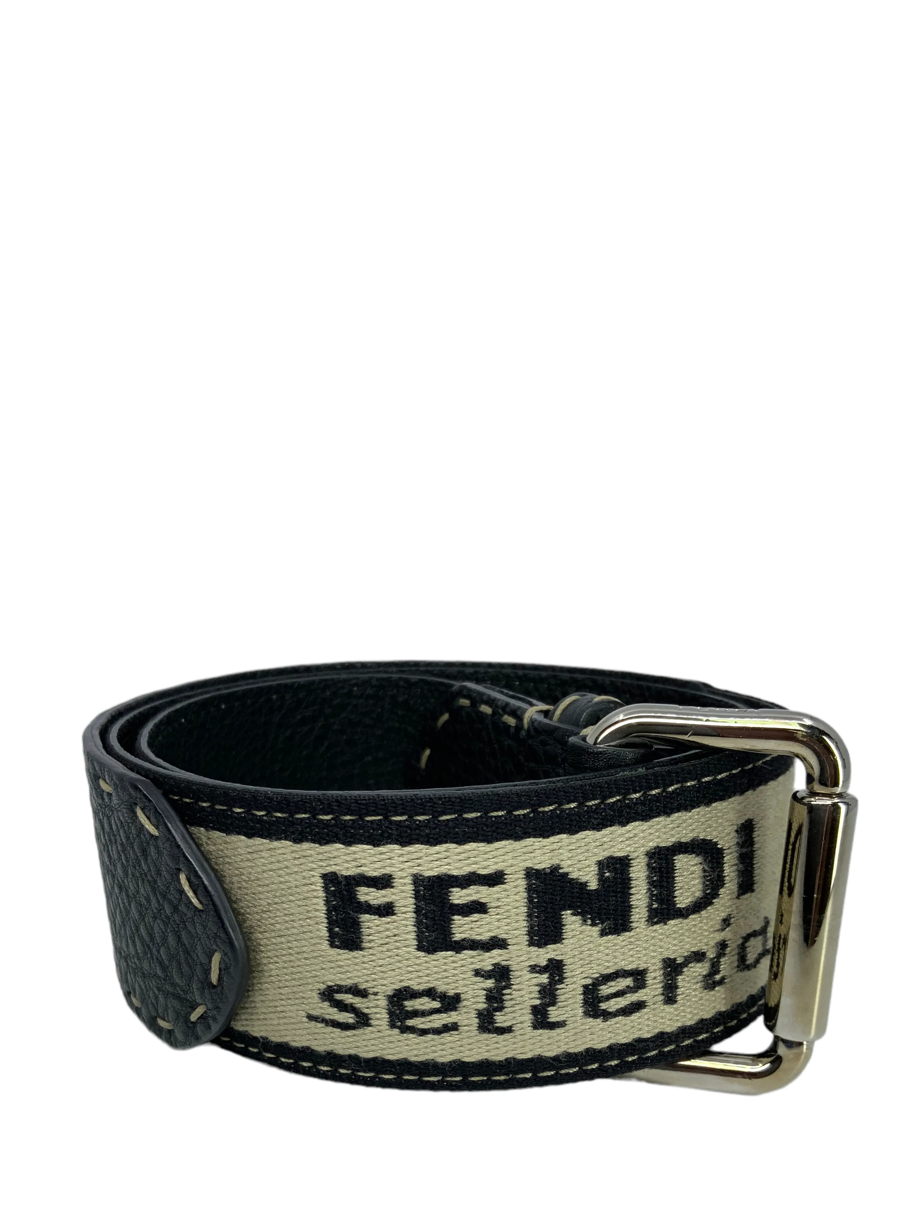 FENDI Selleria Leather and Canvas Logo Belt Size 80