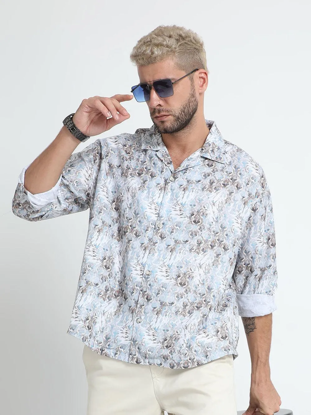 Men Oversized Cuban Collar Lavender Gray Shirt