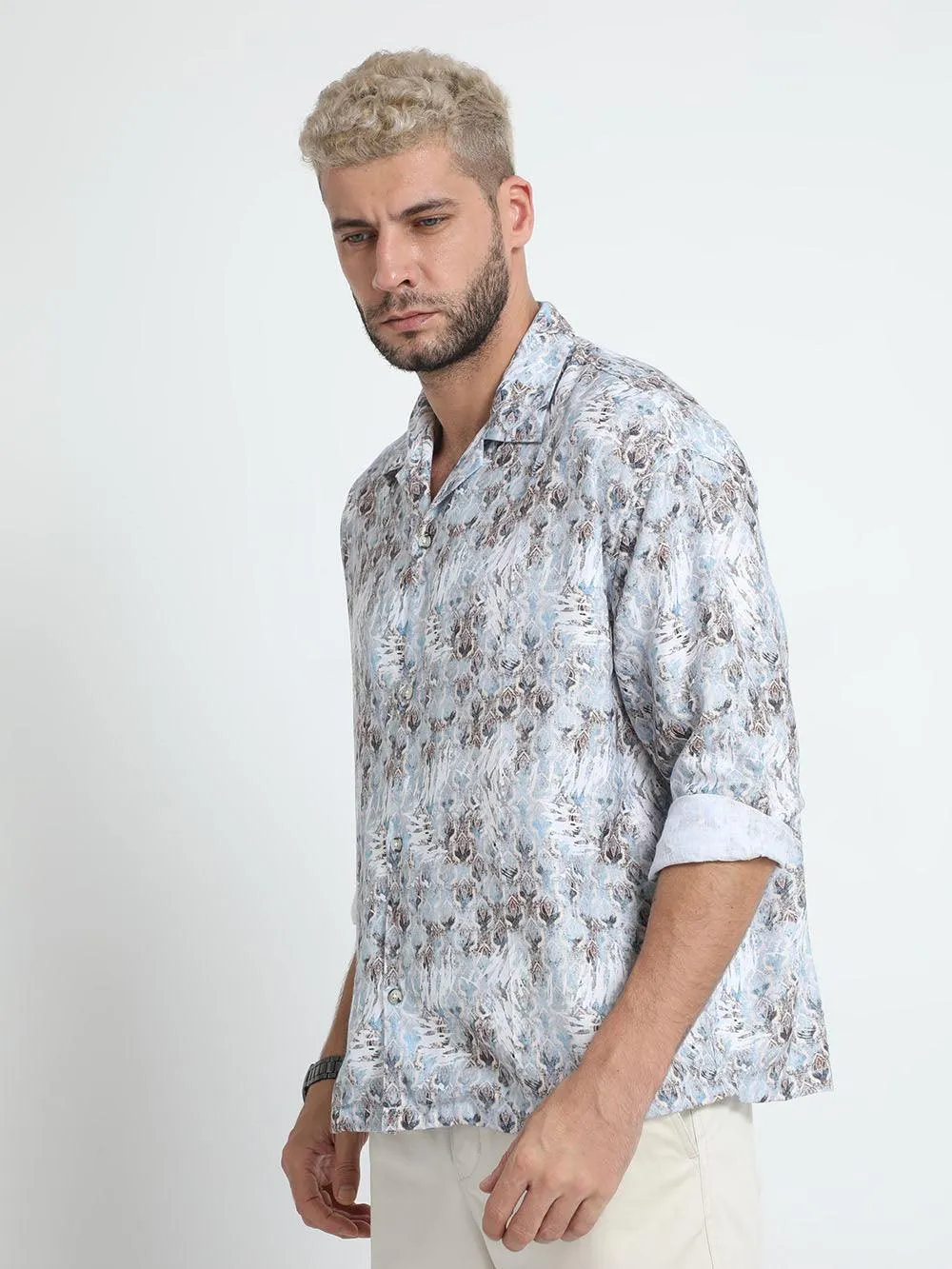 Men Oversized Cuban Collar Lavender Gray Shirt