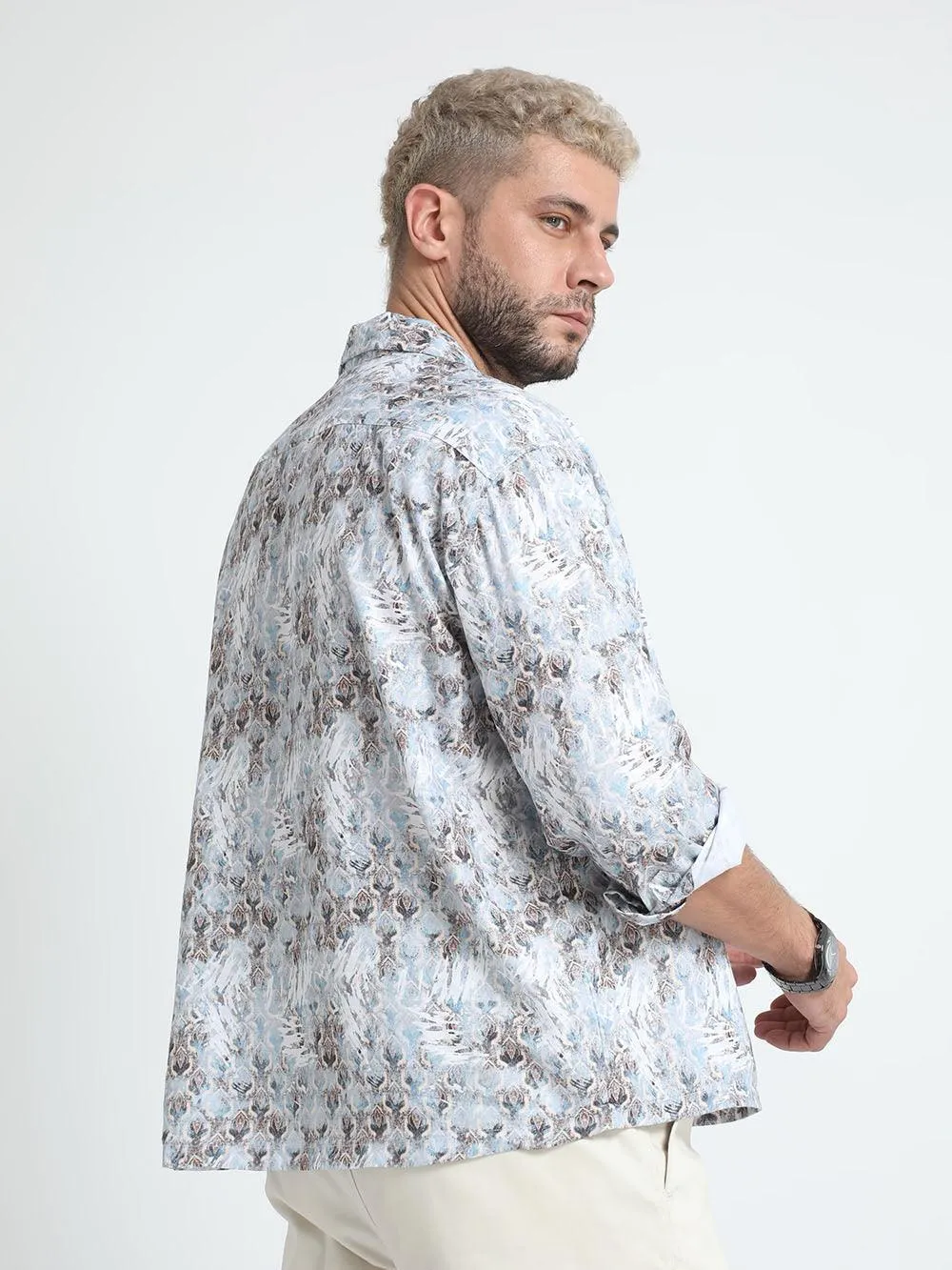 Men Oversized Cuban Collar Lavender Gray Shirt