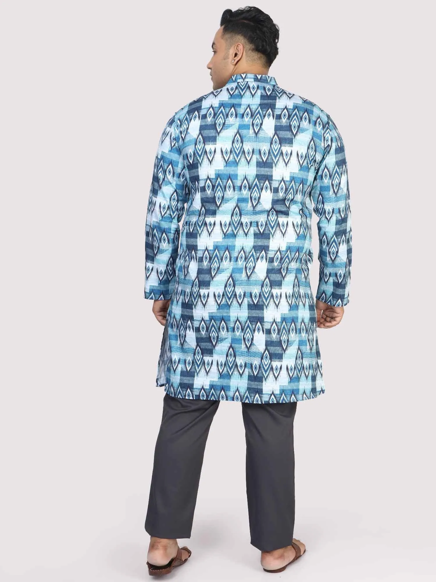 Men Plus Size Blue Ikat Digital Printed Kurta