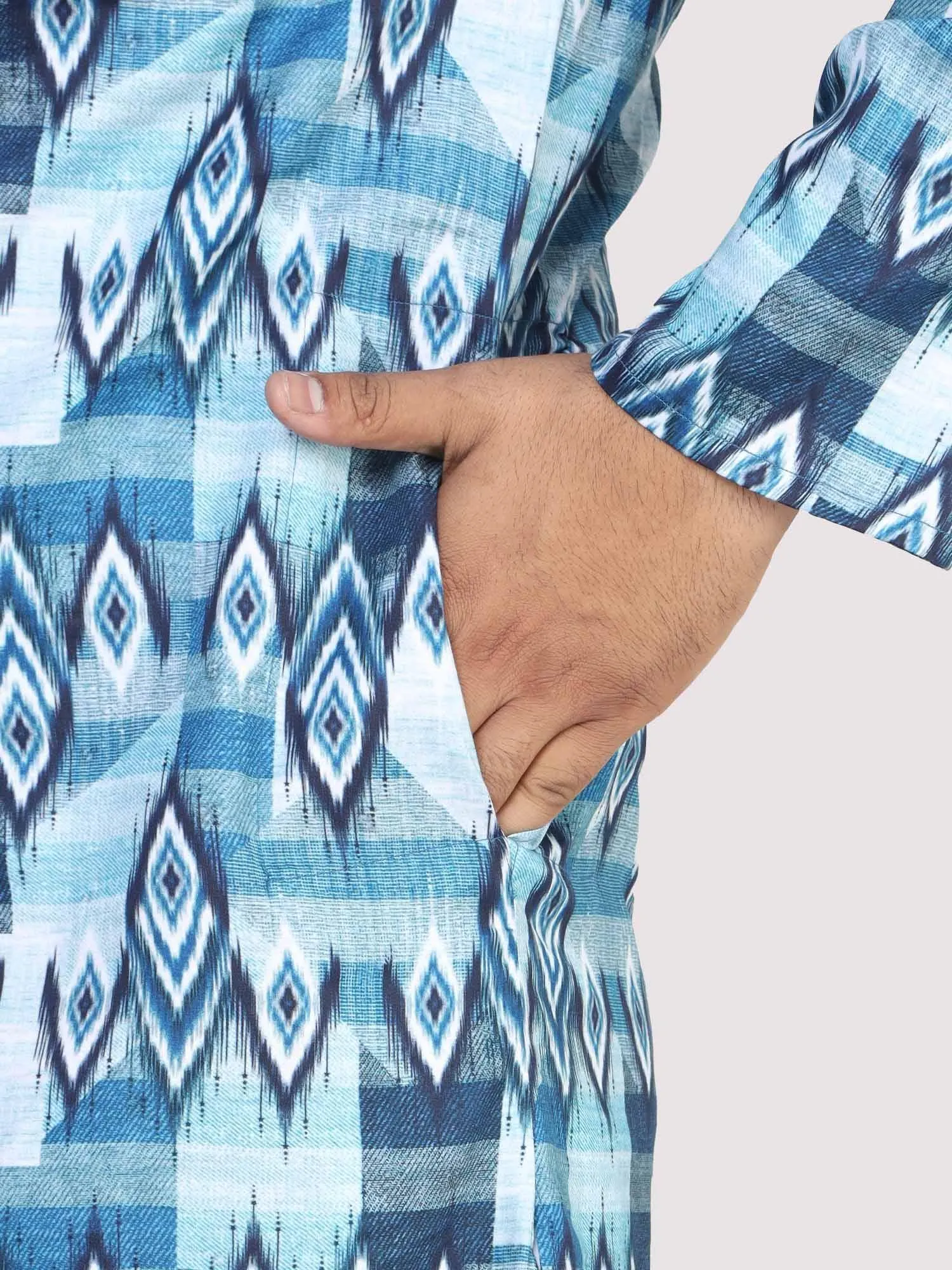 Men Plus Size Blue Ikat Digital Printed Kurta