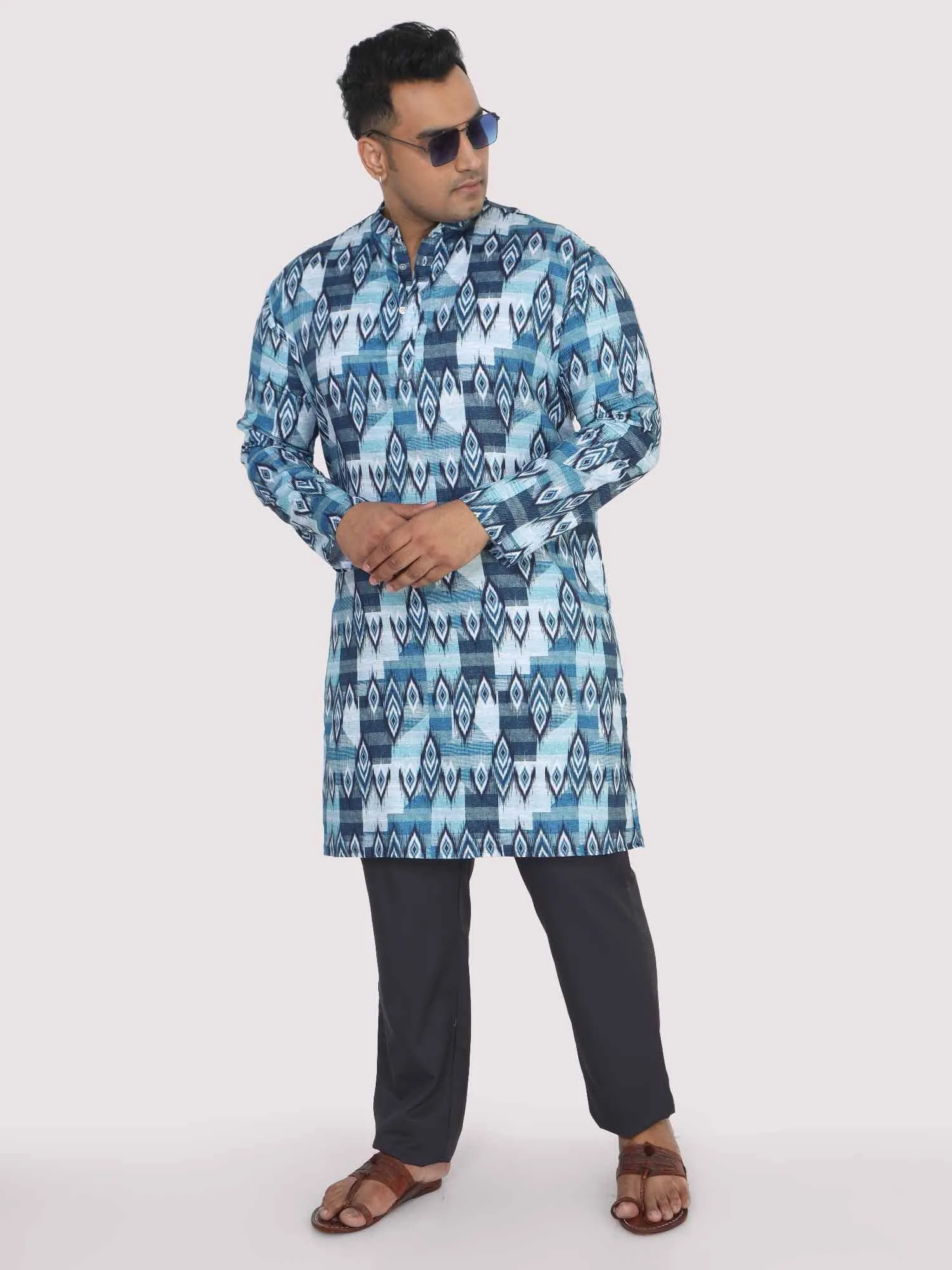 Men Plus Size Blue Ikat Digital Printed Kurta