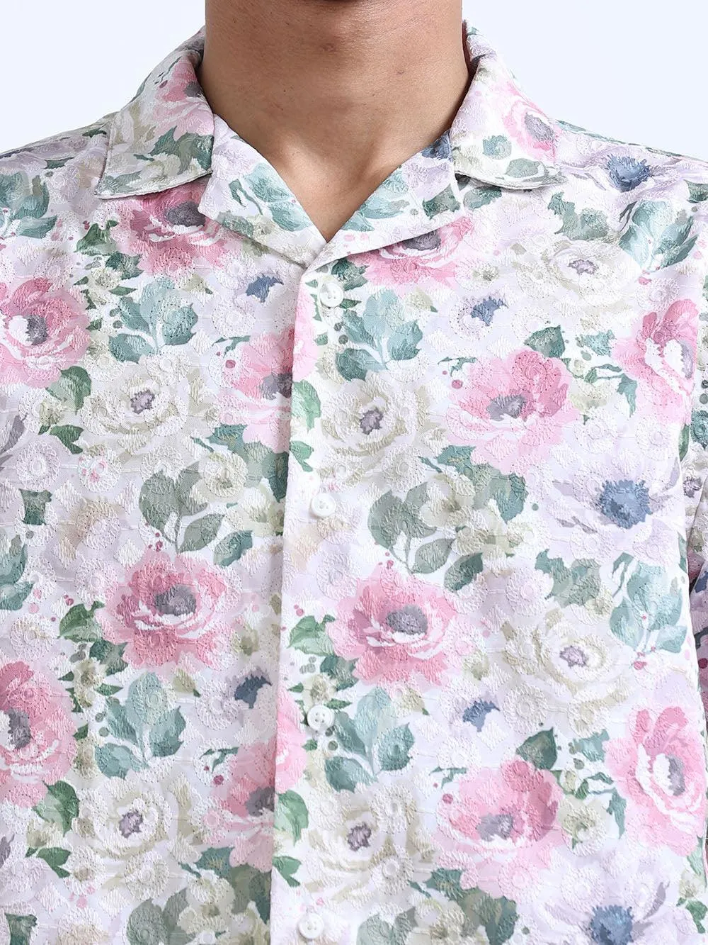 Men's Rose Magnolia Cuban Collar Embroidered shirt