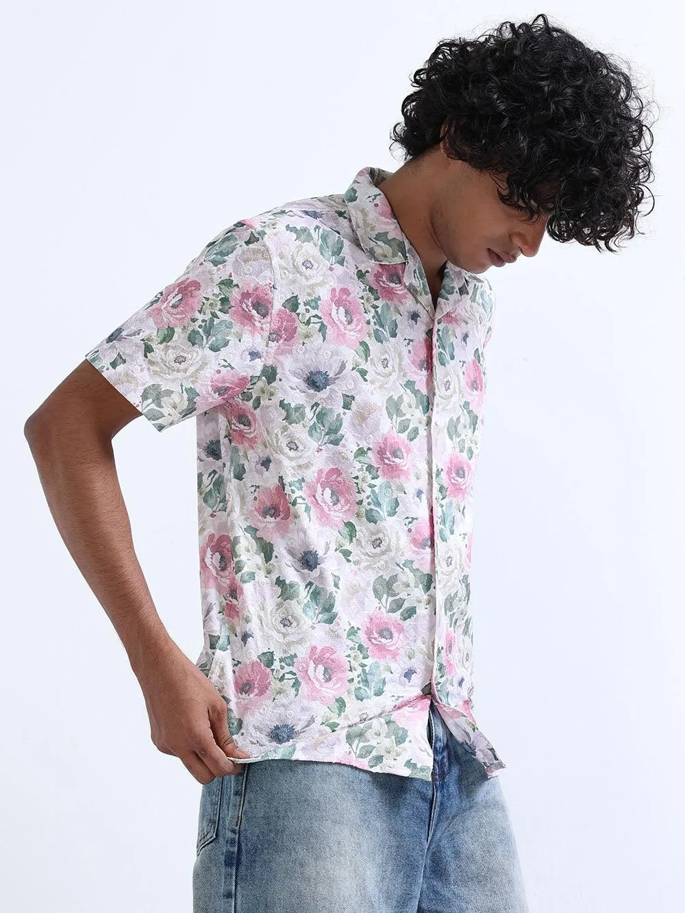 Men's Rose Magnolia Cuban Collar Embroidered shirt