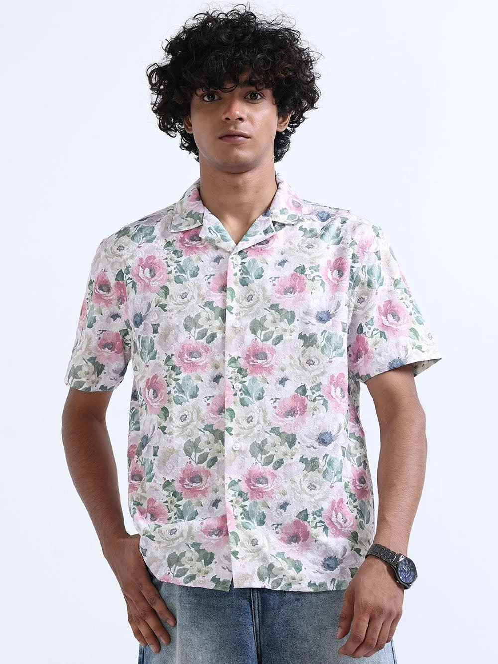 Men's Rose Magnolia Cuban Collar Embroidered shirt