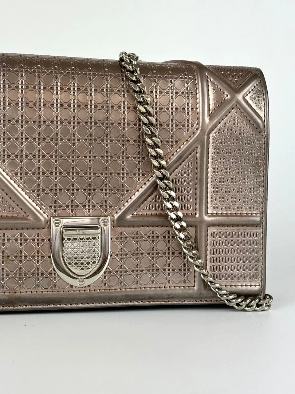 Metallic Pink Perforated Leather Diorama Wallet on Chain Bag