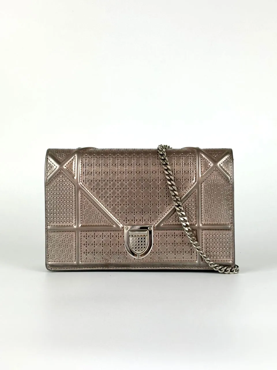 Metallic Pink Perforated Leather Diorama Wallet on Chain Bag