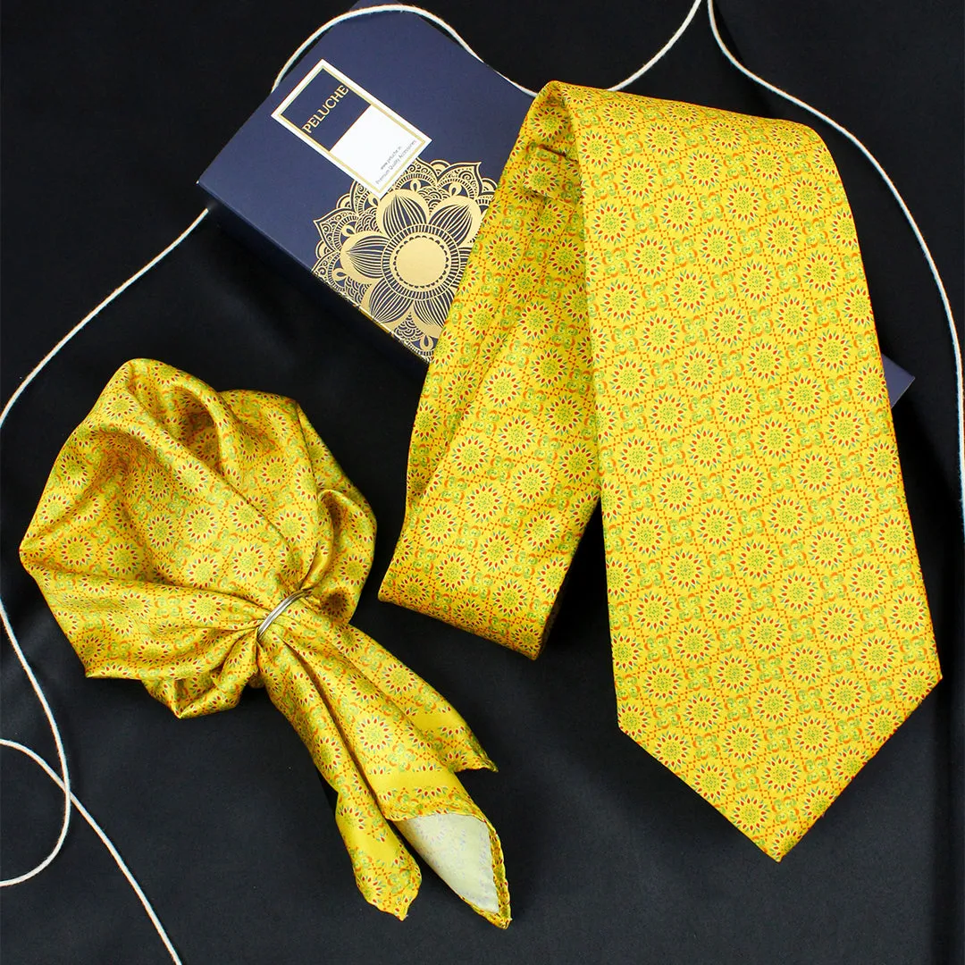 Peluche Golden Gardenia Green Broad Neck Tie & Pocket Square Set for Men