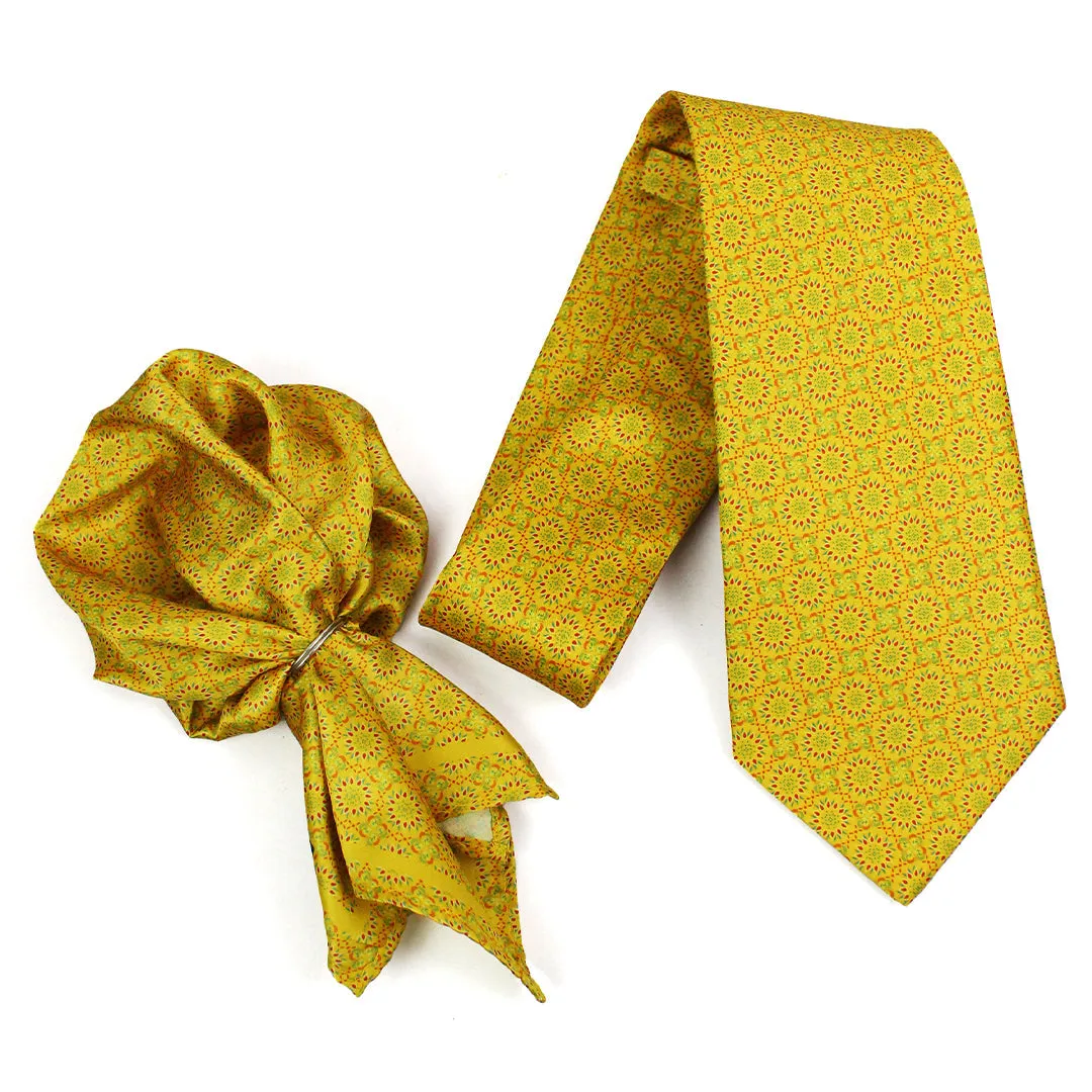 Peluche Golden Gardenia Green Broad Neck Tie & Pocket Square Set for Men