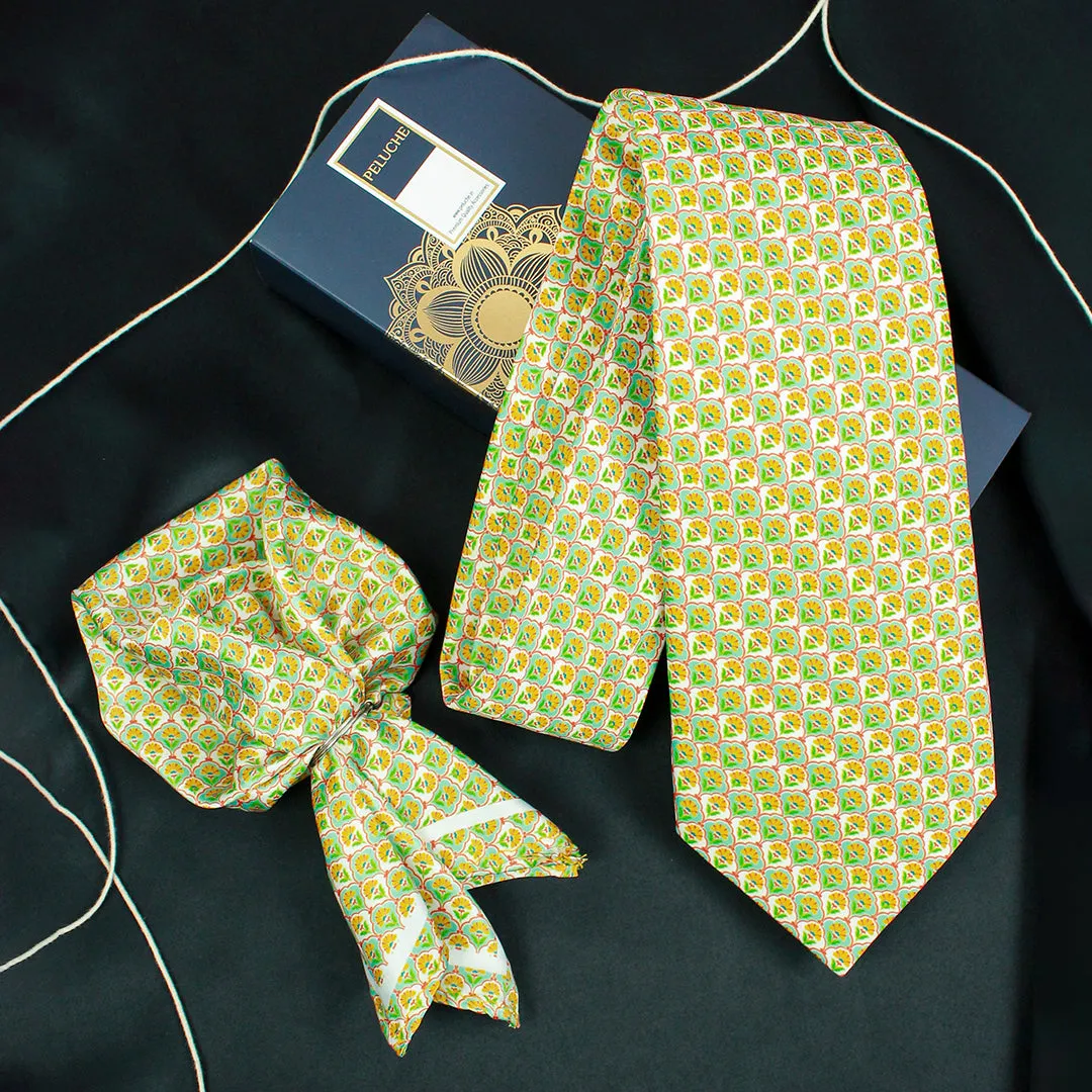 Peluche Lime Blossom Multicolor Broad Neck Tie & Pocket Square Set for Men