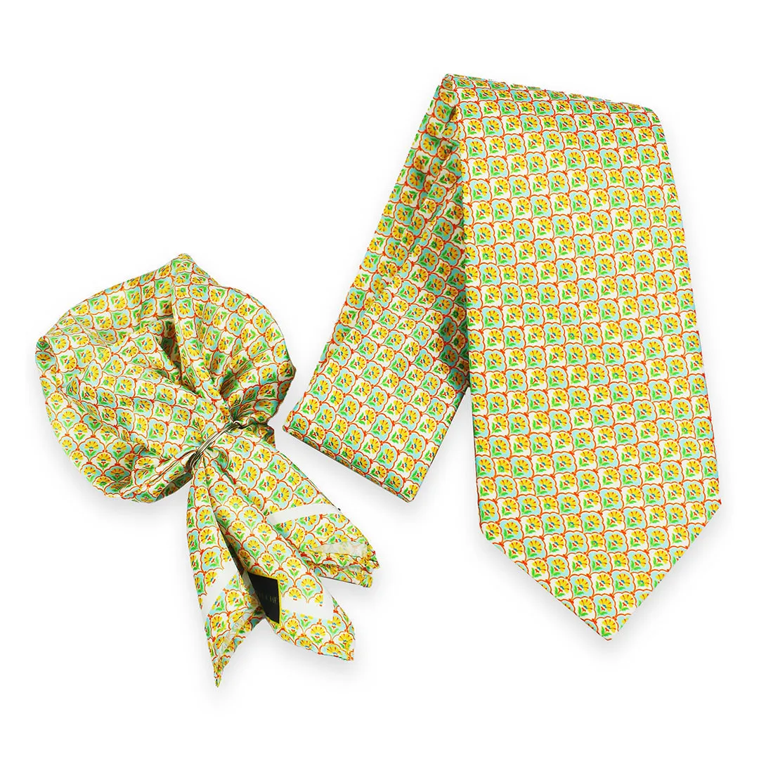 Peluche Lime Blossom Multicolor Broad Neck Tie & Pocket Square Set for Men