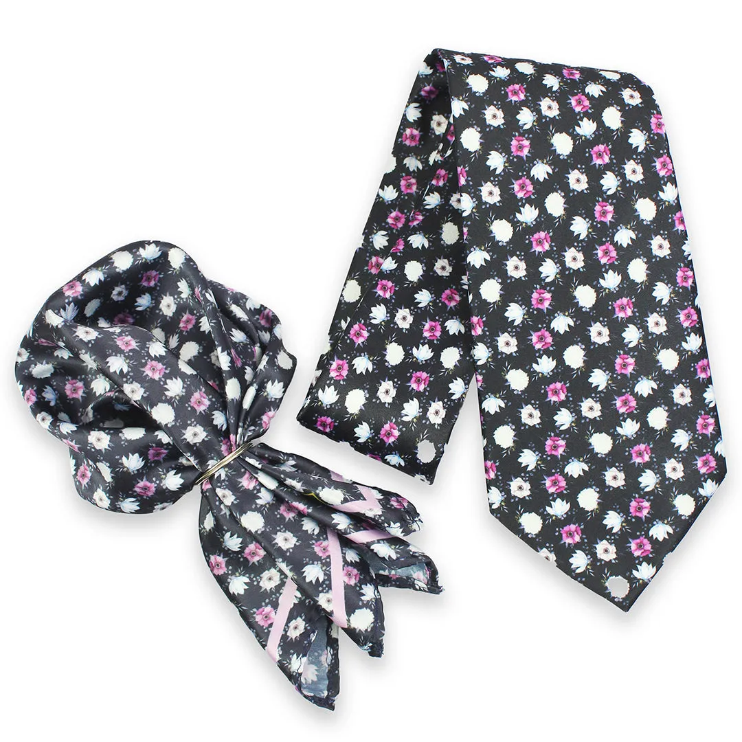 Peluche Midnight Rose Black Broad Neck Tie & Pocket Square Set for Men