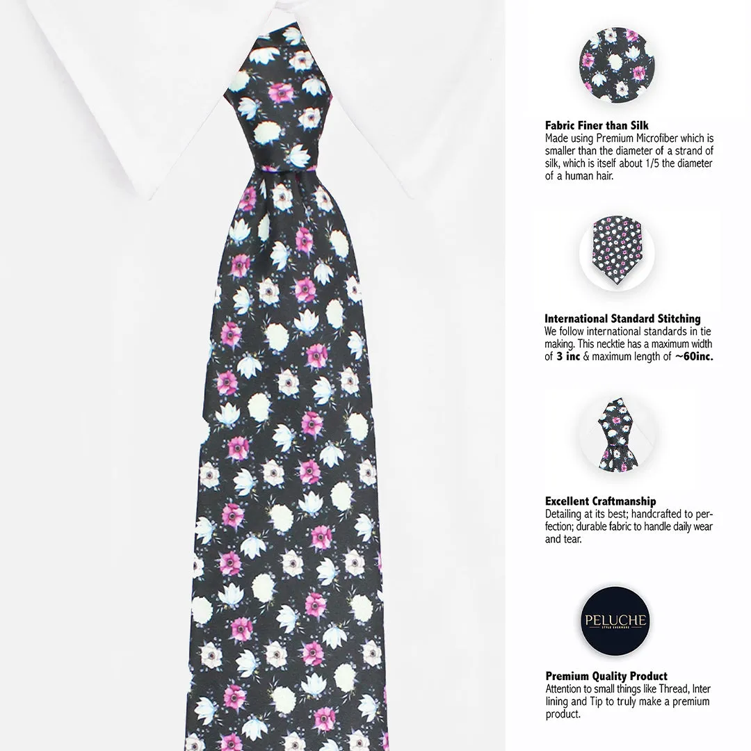 Peluche Midnight Rose Black Broad Neck Tie & Pocket Square Set for Men