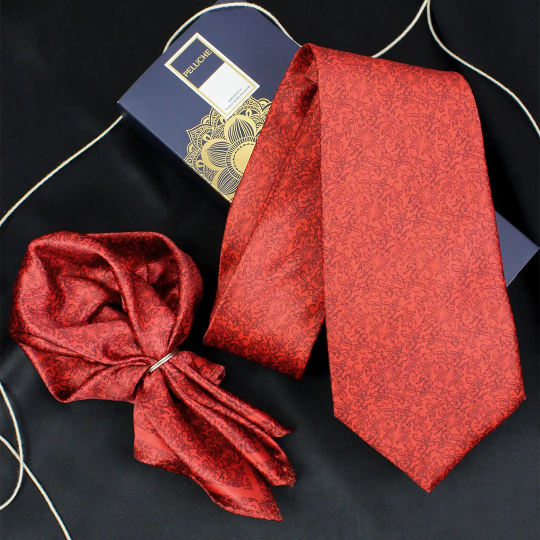 Peluche Scarlet Blossom Red Broad Neck Tie & Pocket Square Set for Men