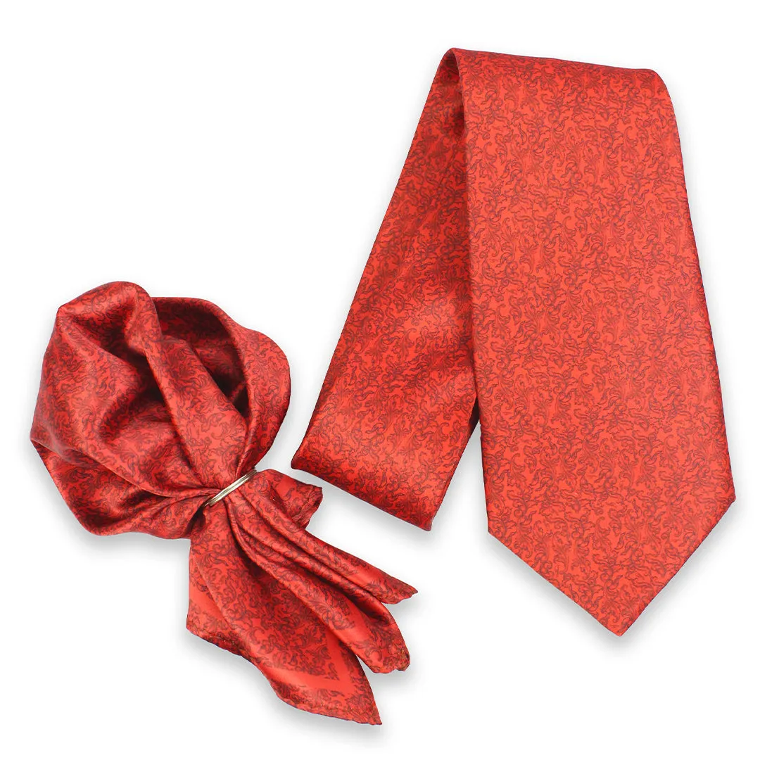 Peluche Scarlet Blossom Red Broad Neck Tie & Pocket Square Set for Men