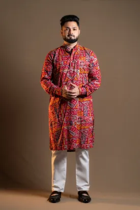 RED PATTERNS PRINTED KURTA PAJAMA