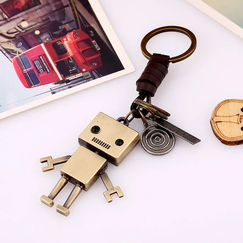 Simple Cartoon Cute Robot Cattle-Leather Key Ring Personality Vintage Weave Key Pendants Creative Bag Pendant