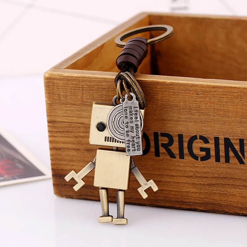 Simple Cartoon Cute Robot Cattle-Leather Key Ring Personality Vintage Weave Key Pendants Creative Bag Pendant