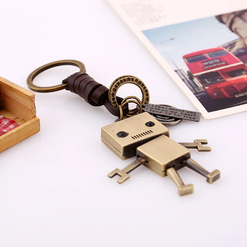 Simple Cartoon Cute Robot Cattle-Leather Key Ring Personality Vintage Weave Key Pendants Creative Bag Pendant