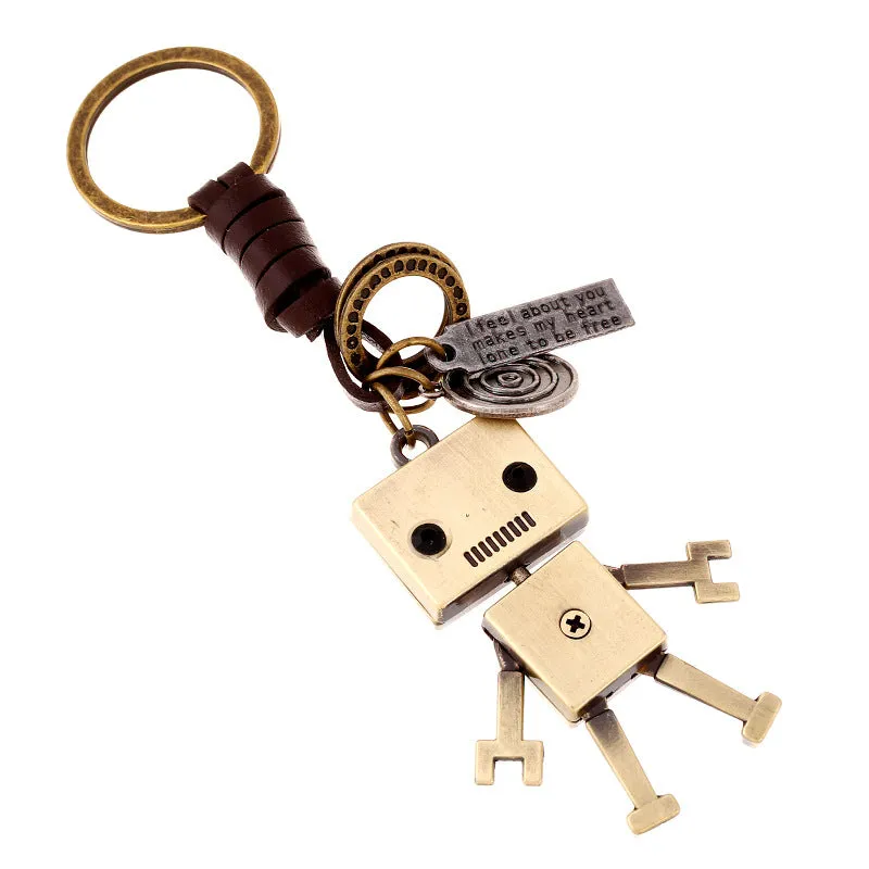 Simple Cartoon Cute Robot Cattle-Leather Key Ring Personality Vintage Weave Key Pendants Creative Bag Pendant