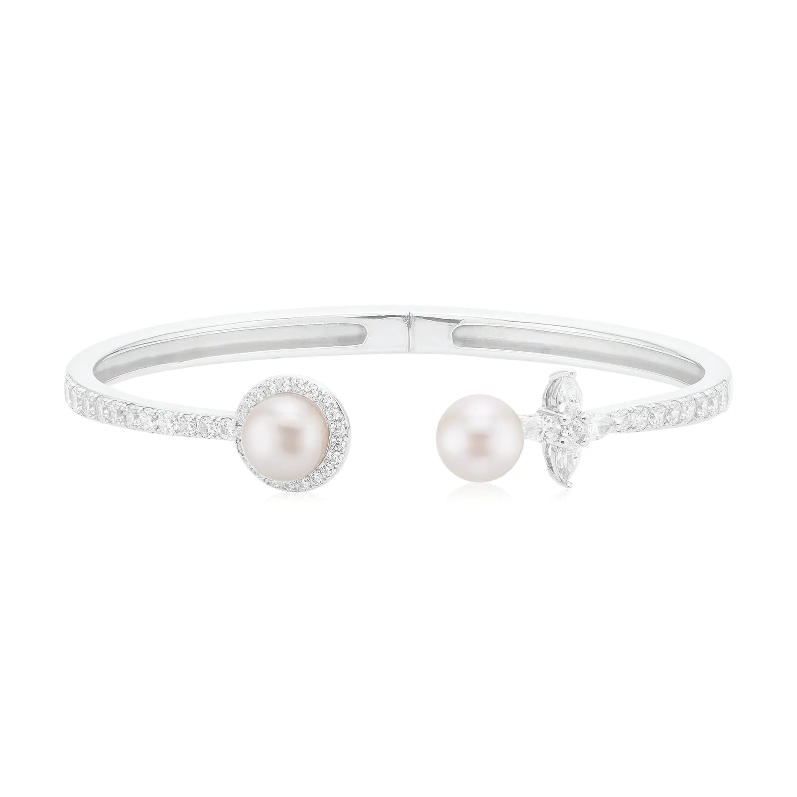 Sterling Silver  Cubic Zirconia Fresh Water Pearl Hinge Bracelet