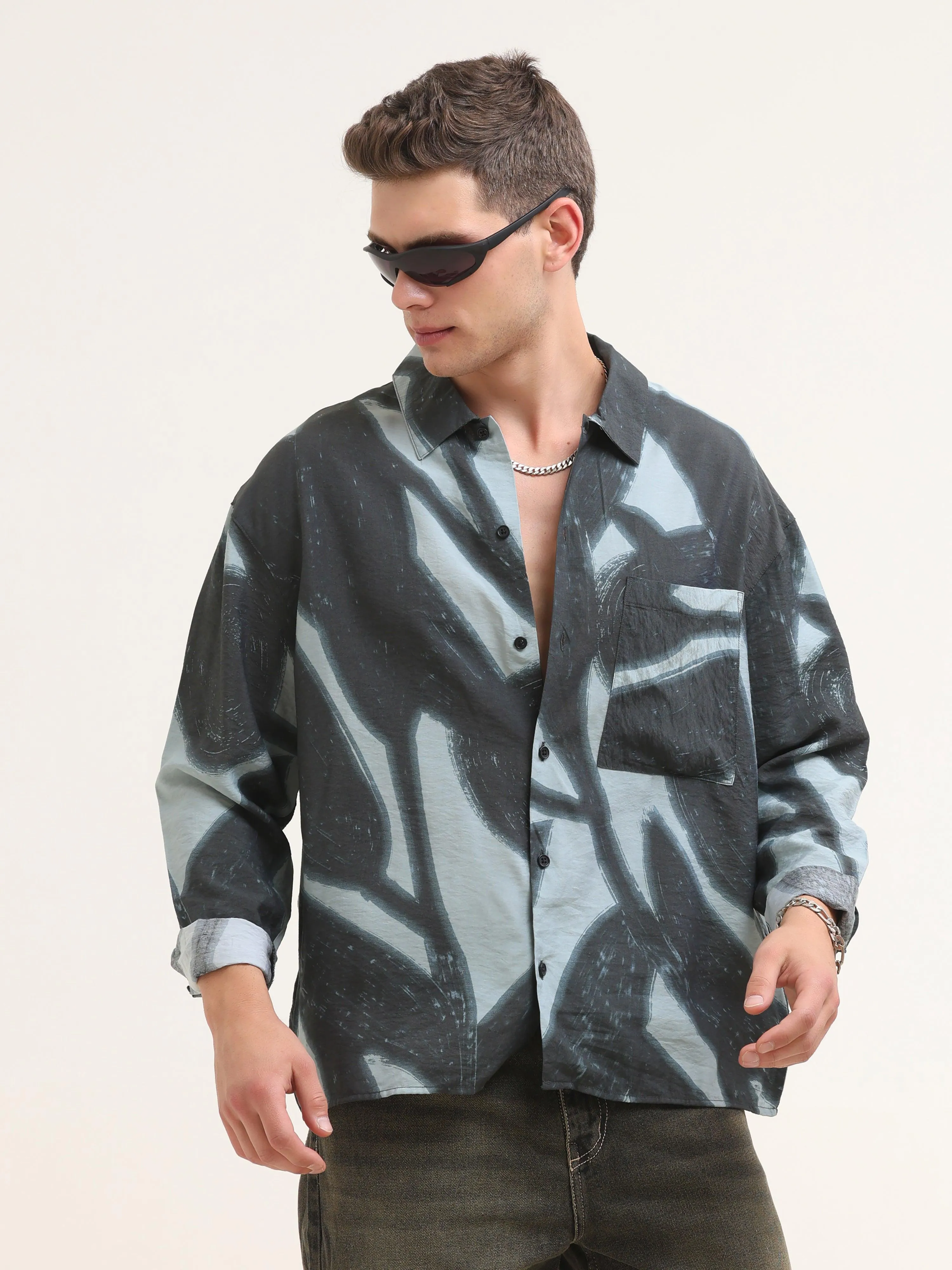 Tam Baggy Abstract Printed Shirt - Blue