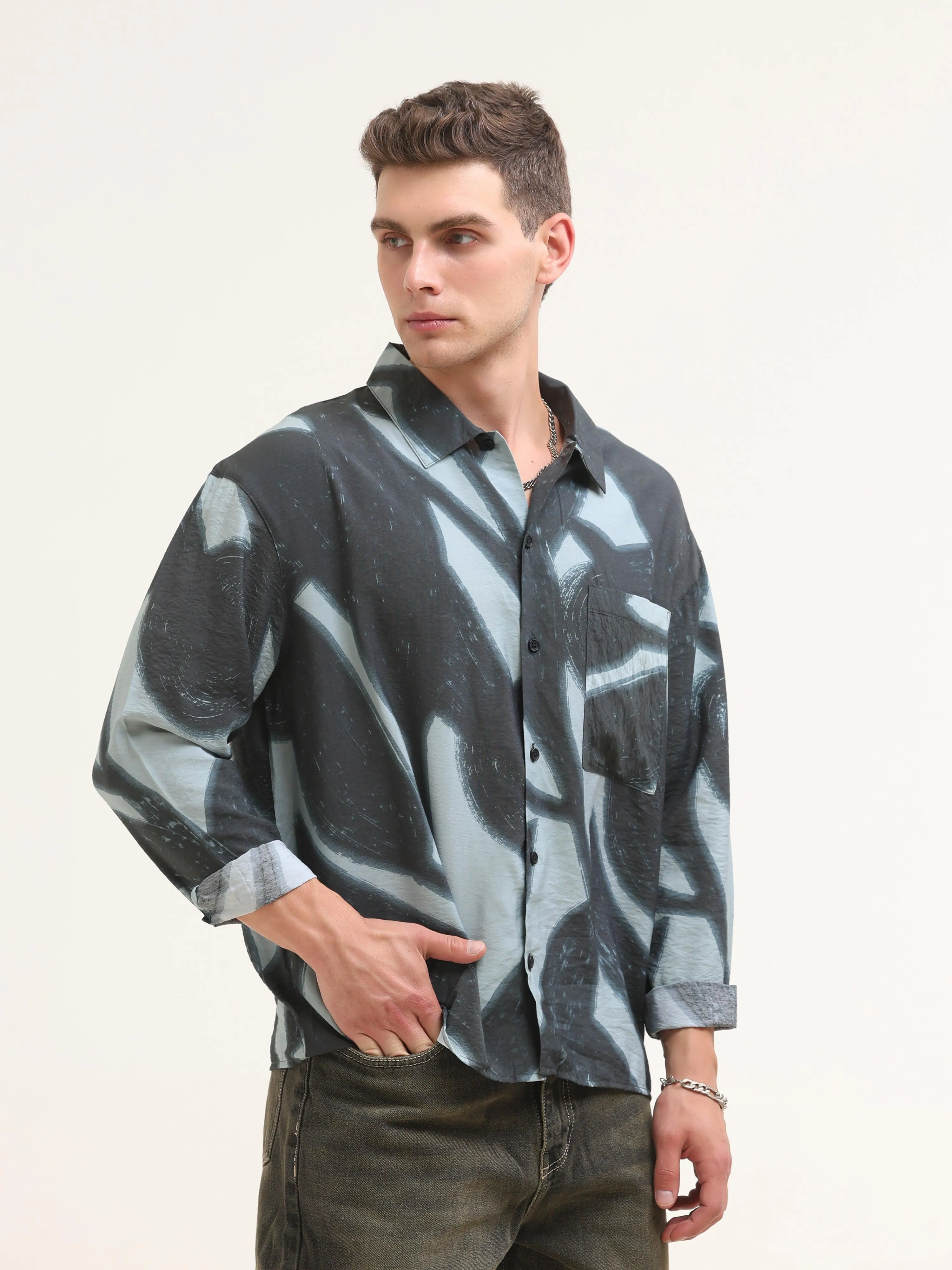 Tam Baggy Abstract Printed Shirt - Blue