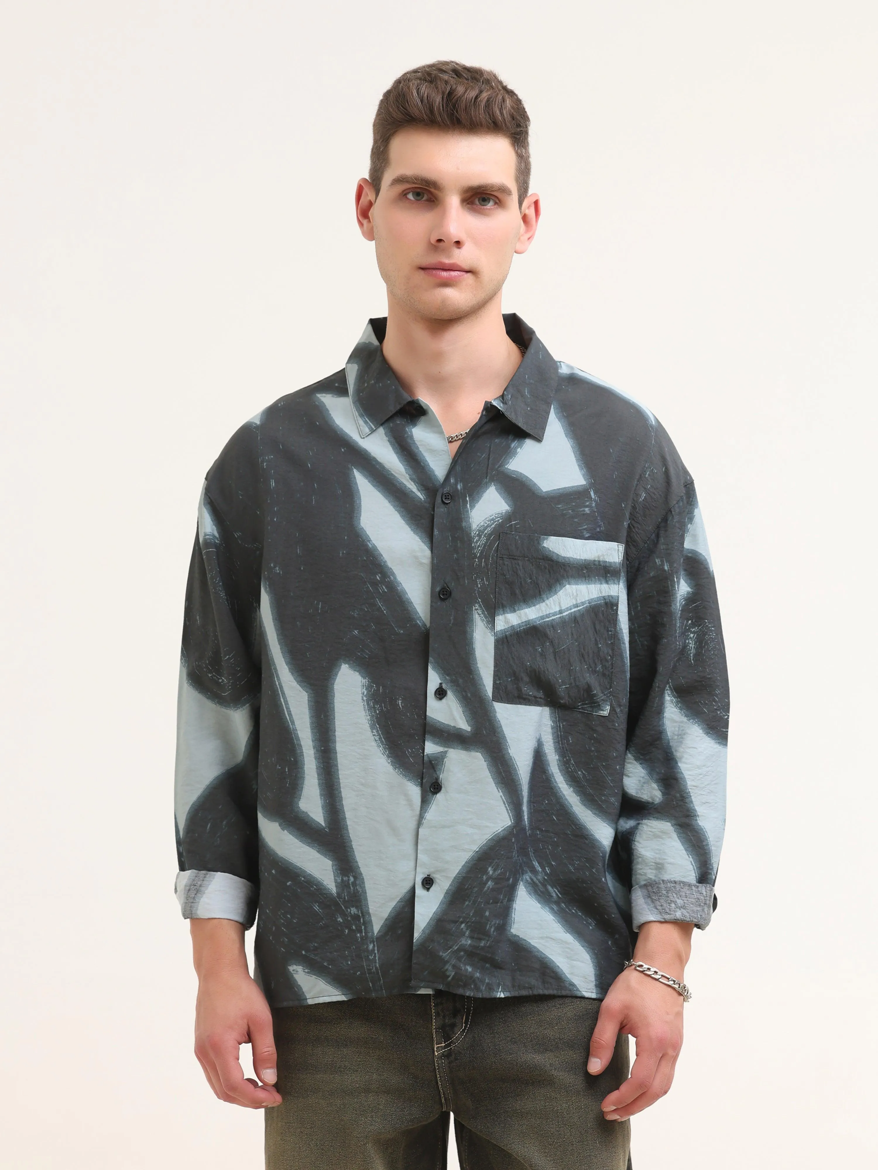 Tam Baggy Abstract Printed Shirt - Blue