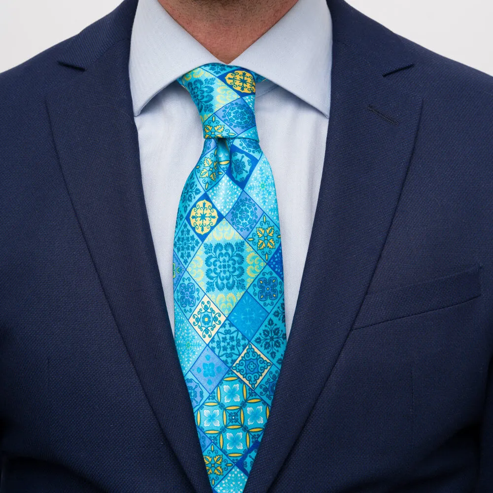 The Taormina Mosaic Light Blue Duchesse Silk Tie