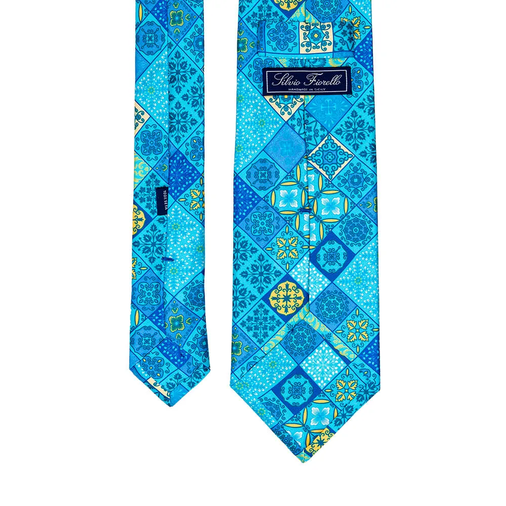 The Taormina Mosaic Light Blue Duchesse Silk Tie