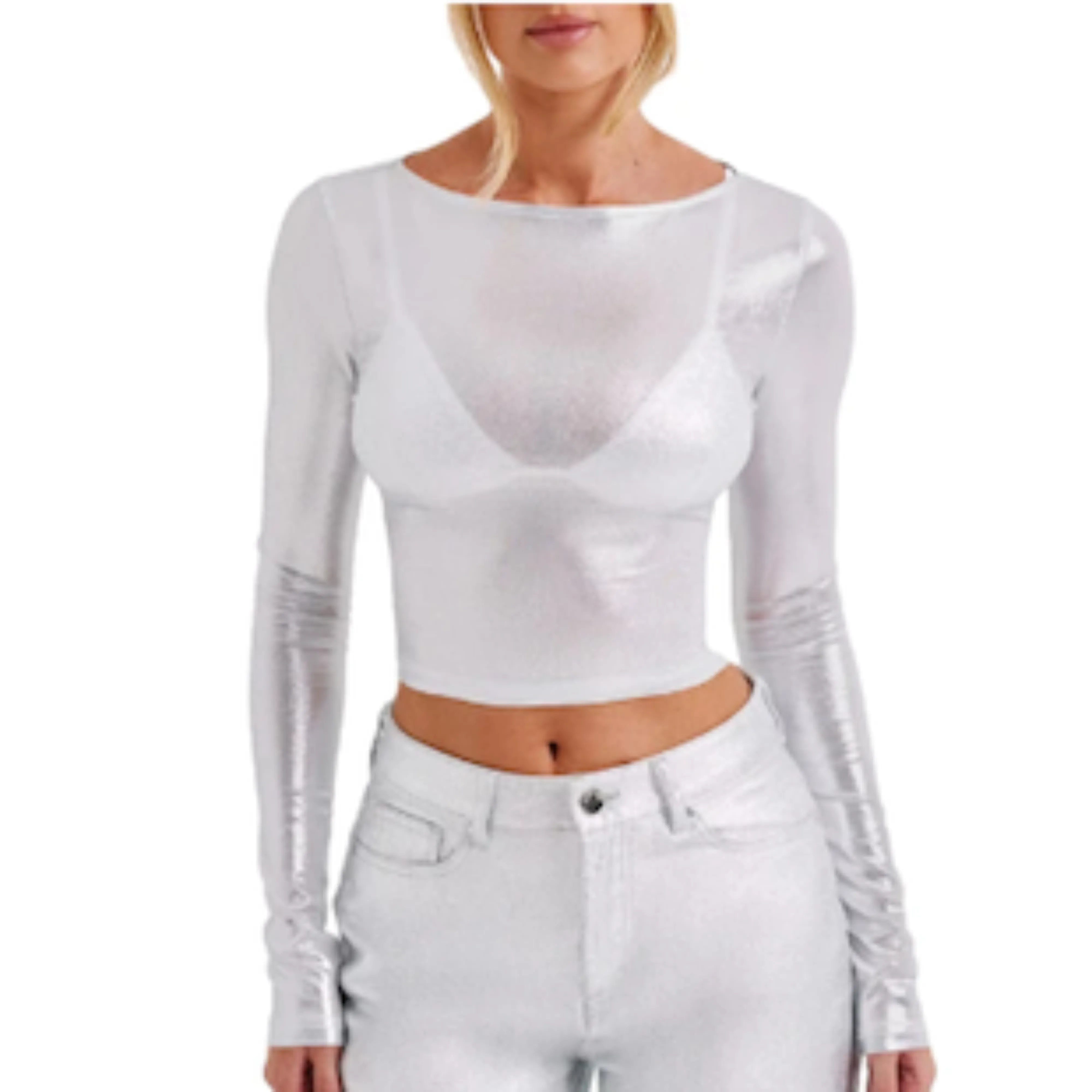 Women Crewneck Long Sleeve Crop Top Pullover Metallic Dance Top